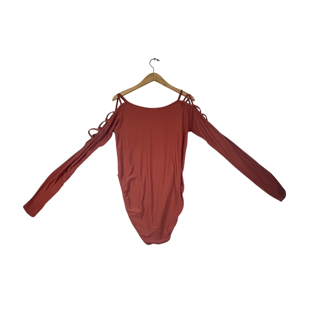 Rust Long Sleeve Cold Shoulder Strappy Lattice Bodysuit Terracotta Scoop Neck